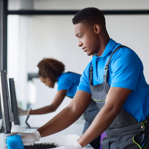 Professional cleaning team member in blue uniform cleaning window in modern home